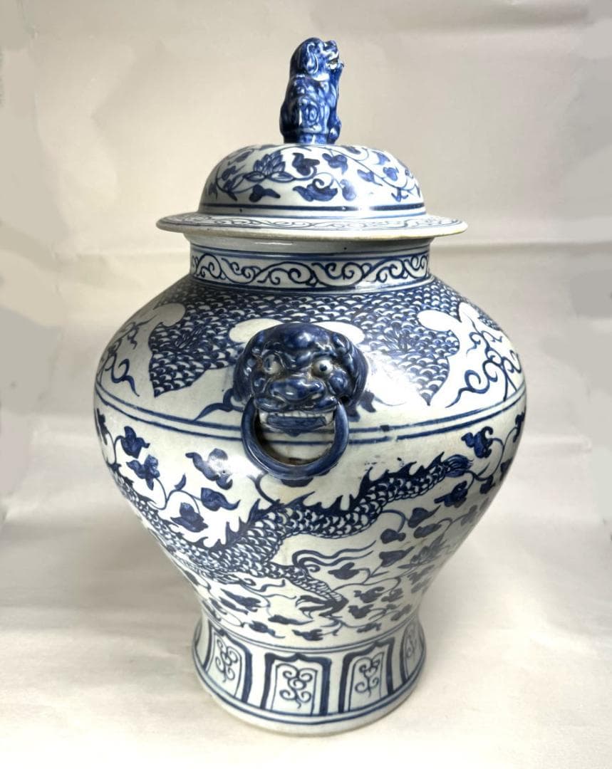古染付 龍紋獅耳大壷 伝世品焼物 虫食い 青花 呉須 ウブ品 骨董WWTT137