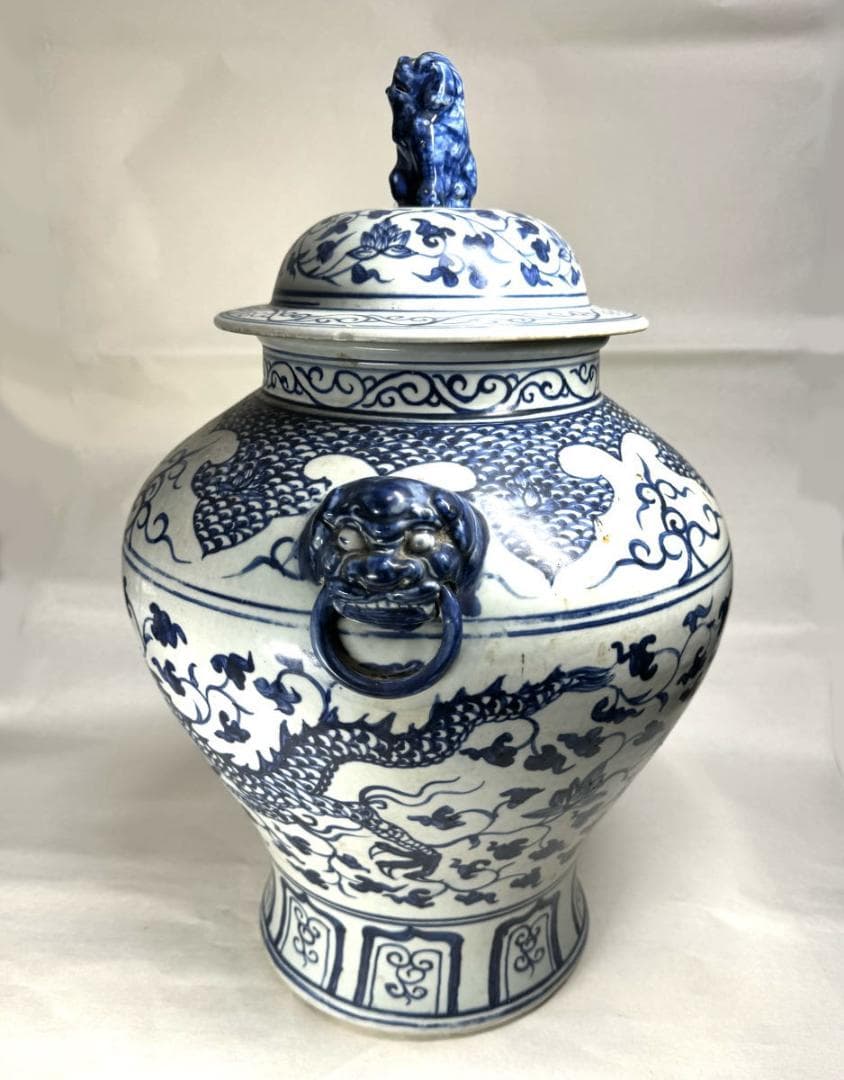 古染付 龍紋獅耳大壷 伝世品焼物 虫食い 青花 呉須 ウブ品 骨董WWTT137