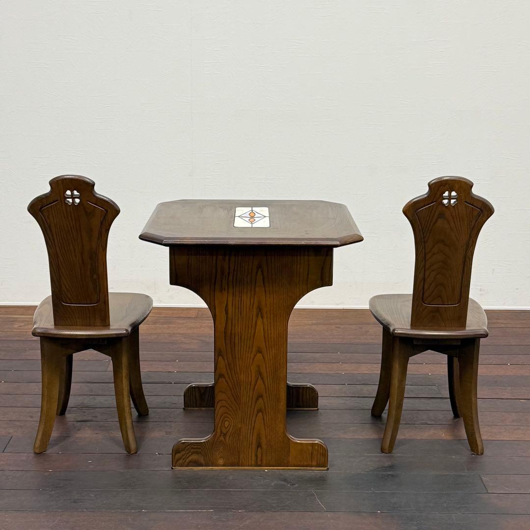 H21K90 ステンドグラス入りカフェテーブル カフェチェア 3点セット