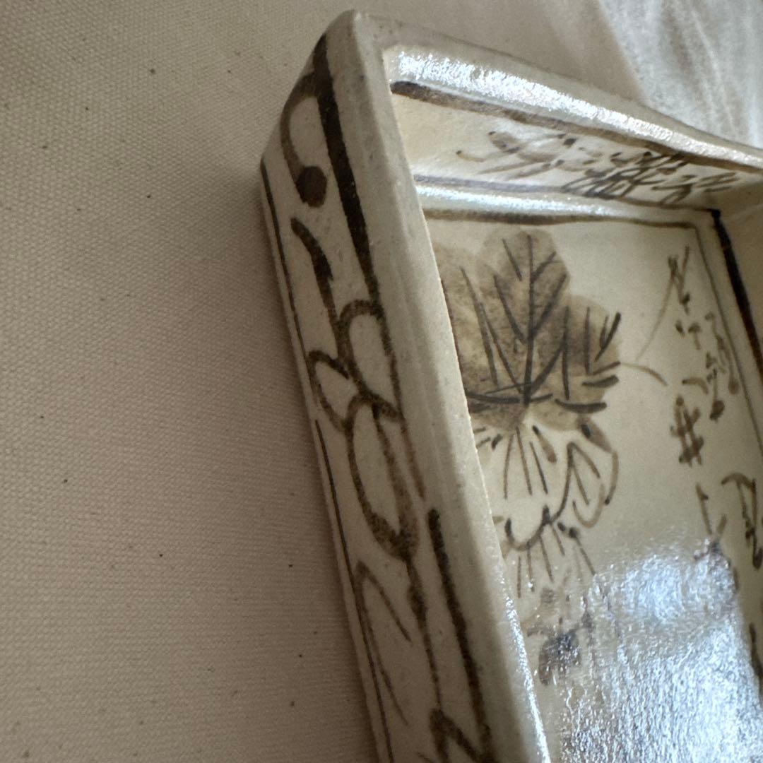 魯山人写し　手書き　花柄　四角皿　中垣連次作　美濃焼