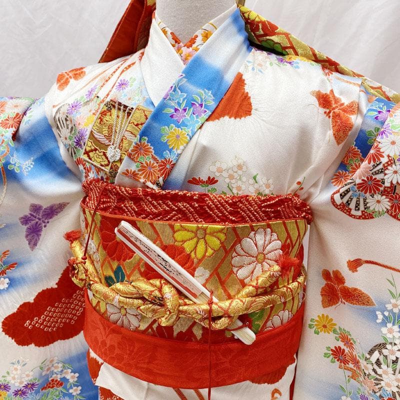 511ag45◎七五三 七歳 女児 着物&袋帯&長襦袢 部分絞り 花車 白水色◎