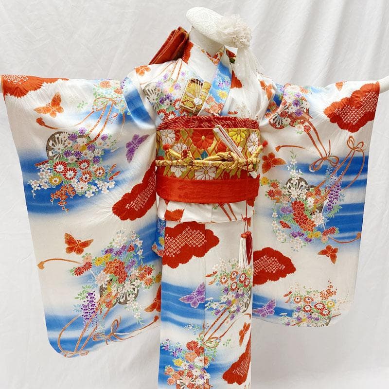 511ag45◎七五三 七歳 女児 着物&袋帯&長襦袢 部分絞り 花車 白水色◎