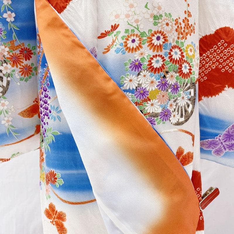 511ag45◎七五三 七歳 女児 着物&袋帯&長襦袢 部分絞り 花車 白水色◎