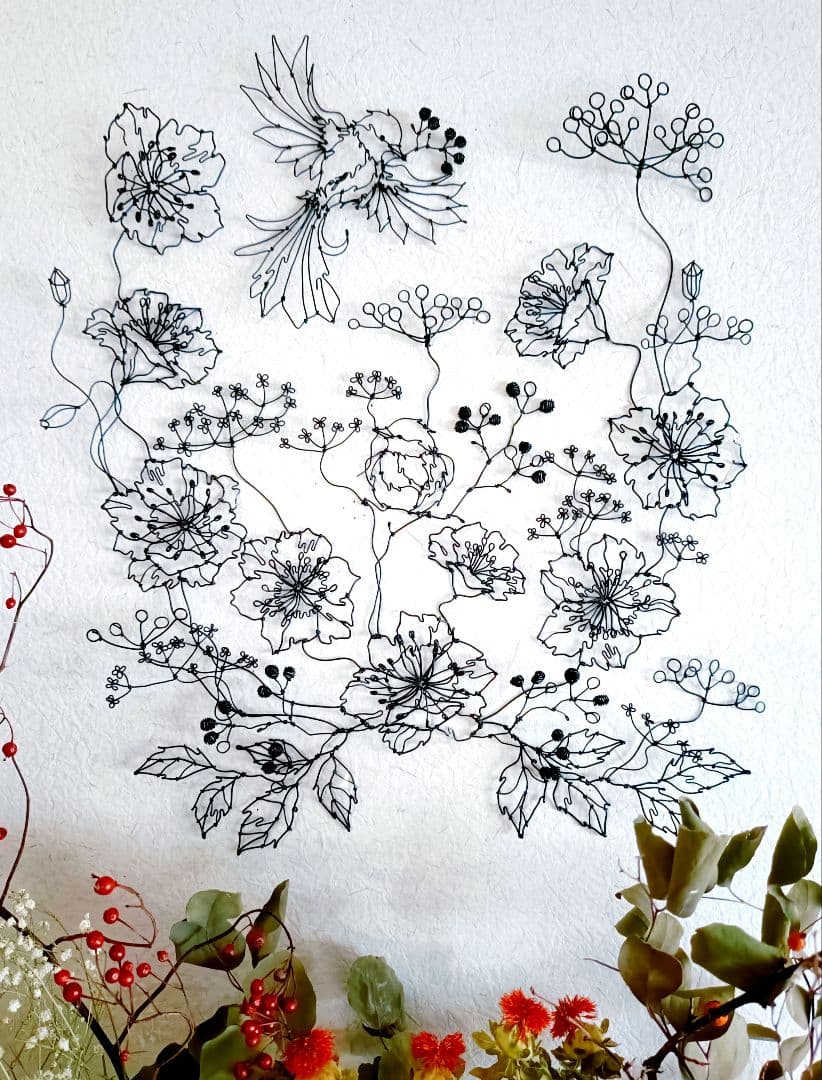［ひなげしの花　小鳥］　フラワーアート　ワイヤークラフト