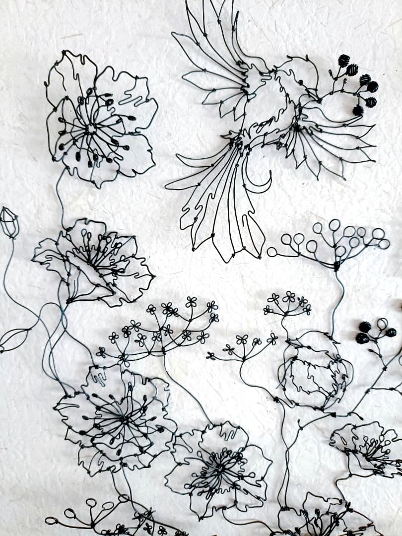 ［ひなげしの花　小鳥］　フラワーアート　ワイヤークラフト