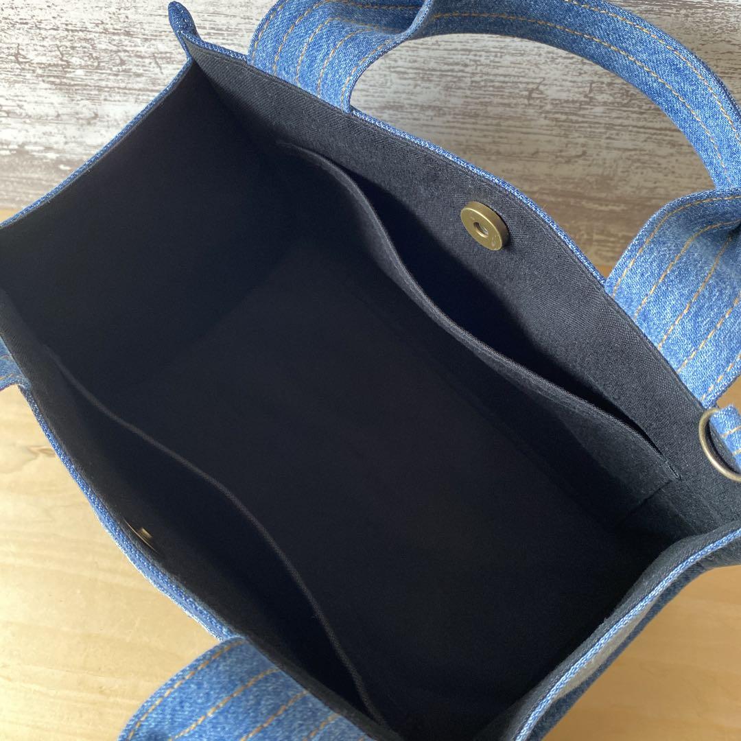 335 デニムリメイク★パイピングラウンドバッグ　S size★