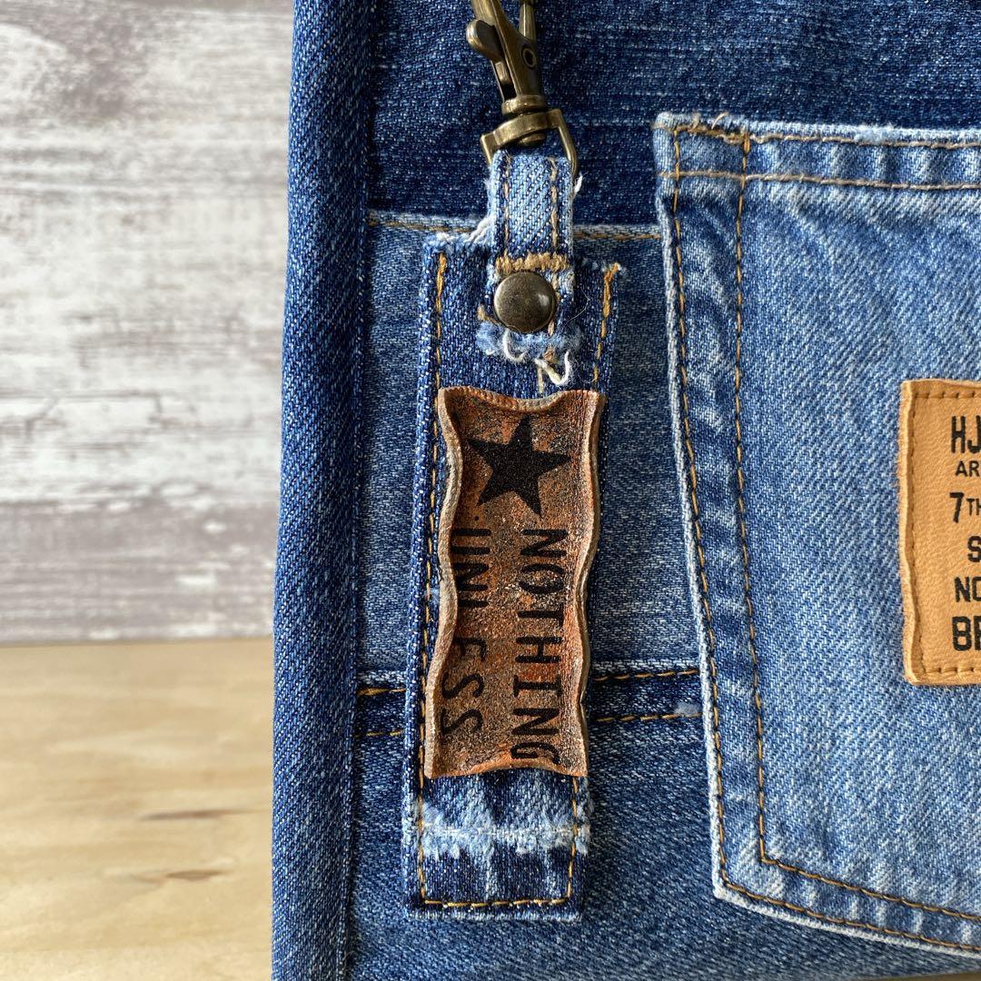 335 デニムリメイク★パイピングラウンドバッグ　S size★