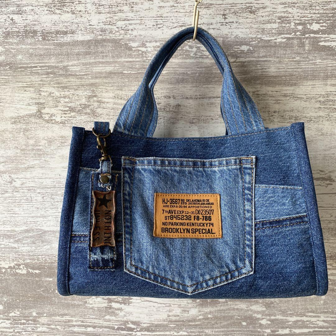 335 デニムリメイク★パイピングラウンドバッグ　S size★