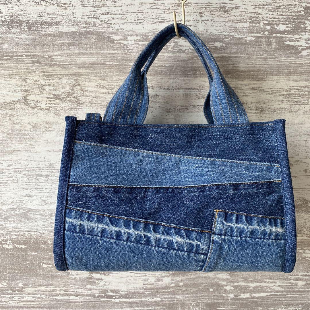 335 デニムリメイク★パイピングラウンドバッグ　S size★