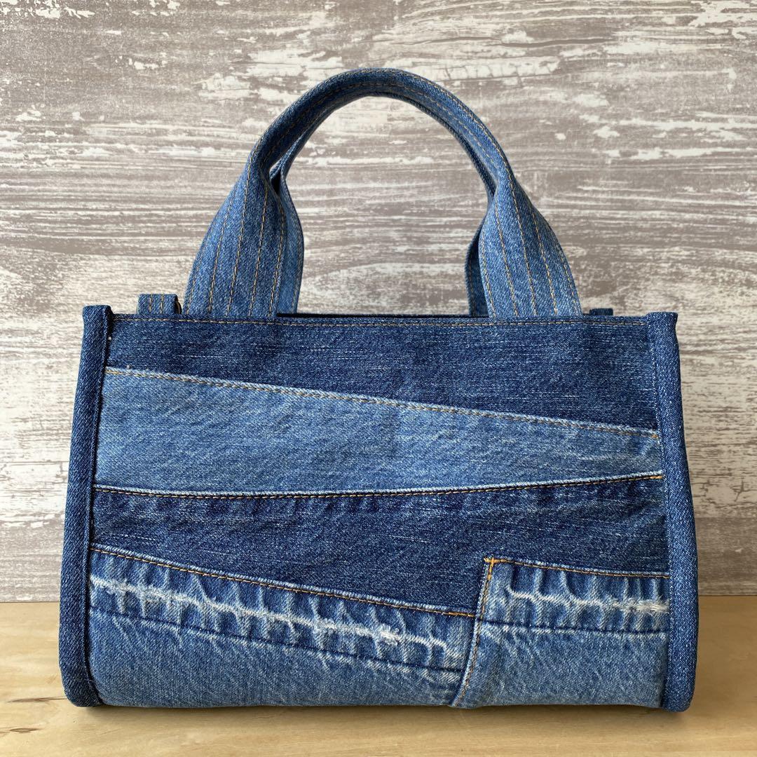 335 デニムリメイク★パイピングラウンドバッグ　S size★