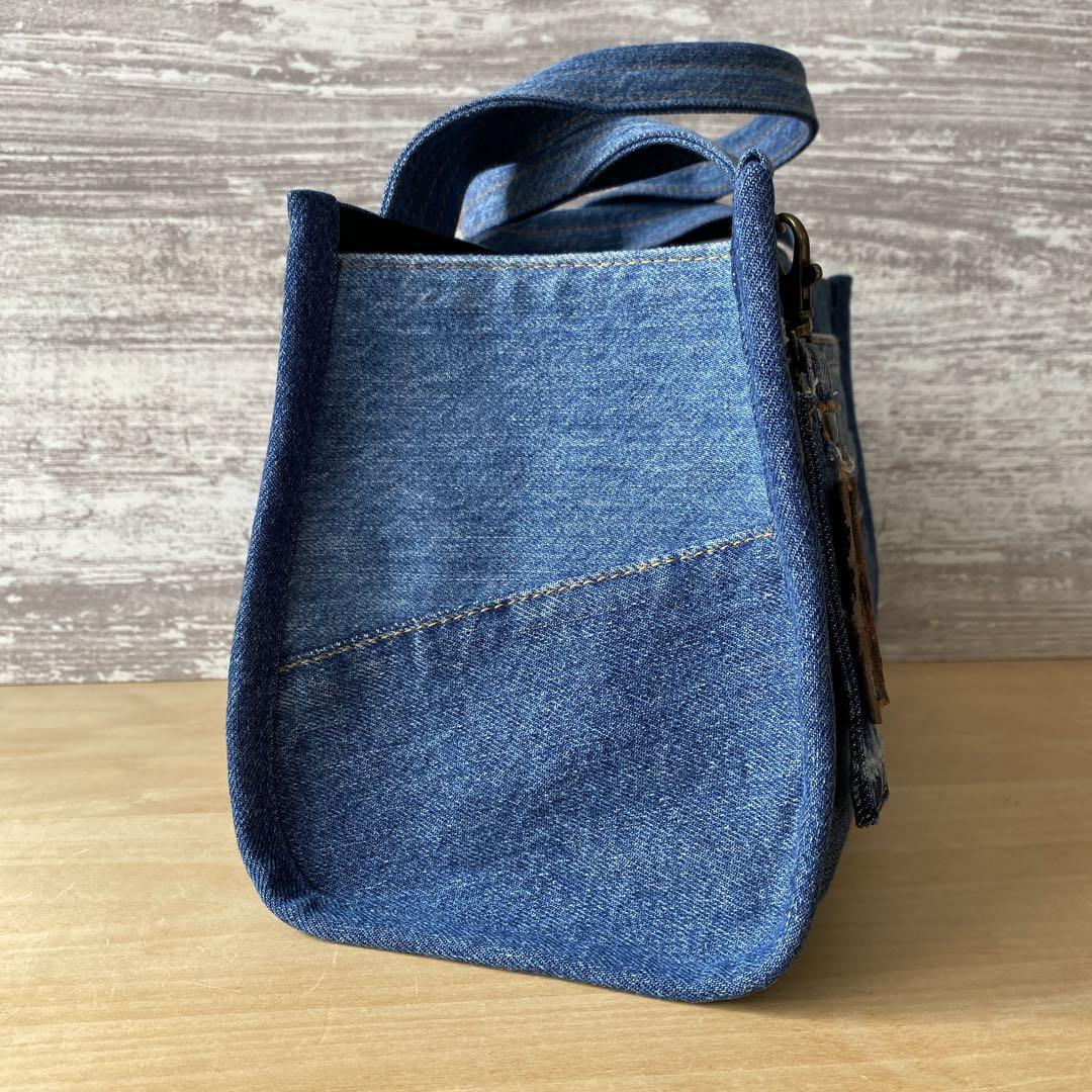 335 デニムリメイク★パイピングラウンドバッグ　S size★