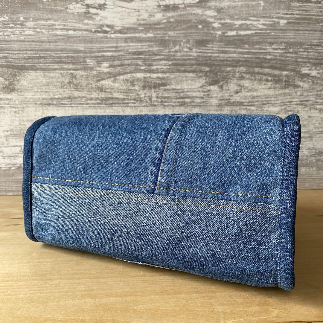 335 デニムリメイク★パイピングラウンドバッグ　S size★