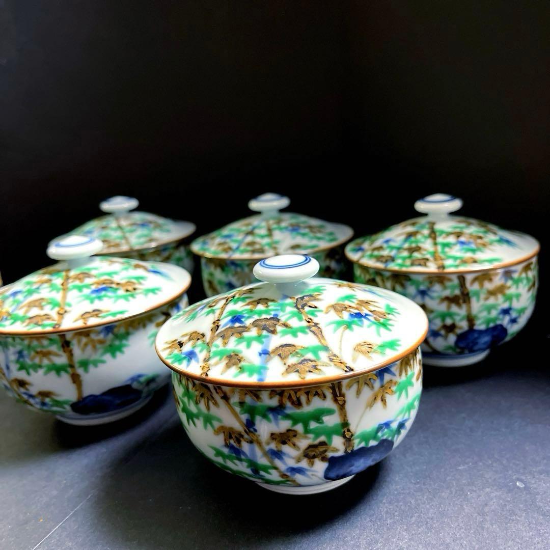 京焼 清水焼 京泉　金彩竹　蓋付汲出茶碗　湯飲み　５客セット