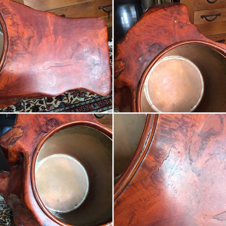 837 天然木　杢　刳抜　火鉢　【五徳　火箸　灰さじ付き】