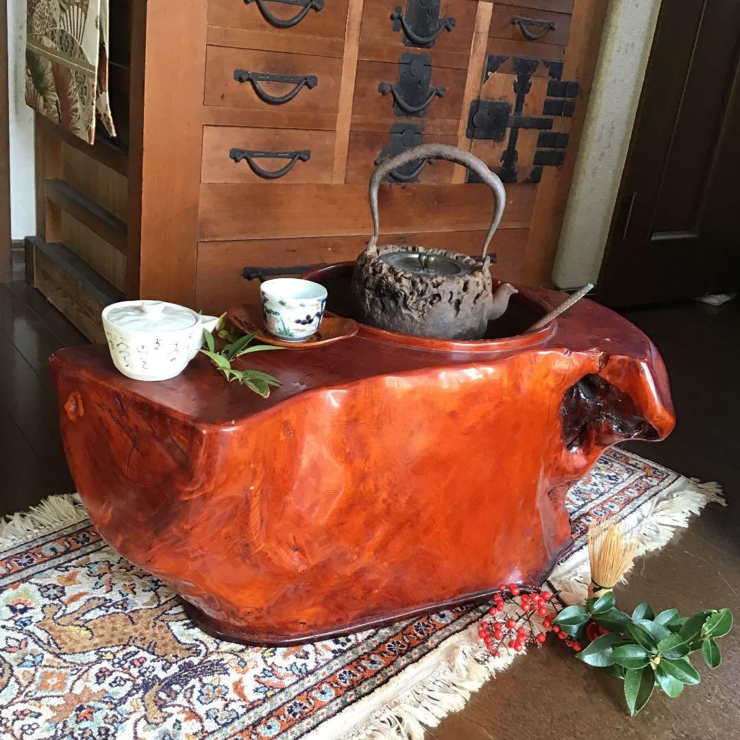 837 天然木　杢　刳抜　火鉢　【五徳　火箸　灰さじ付き】