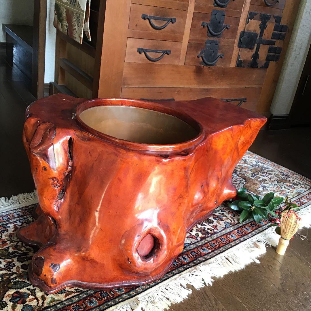 837 天然木　杢　刳抜　火鉢　【五徳　火箸　灰さじ付き】