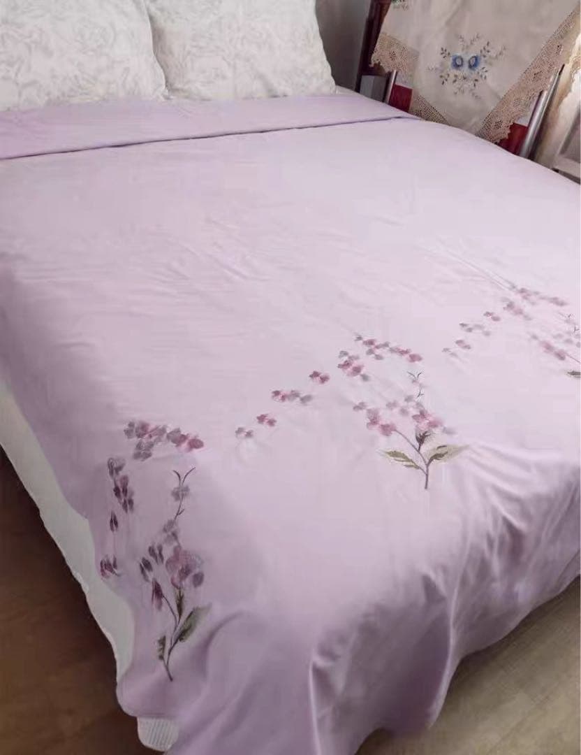 紫色100%綿花柄刺繍布団カバーシール枕カバー４点セット