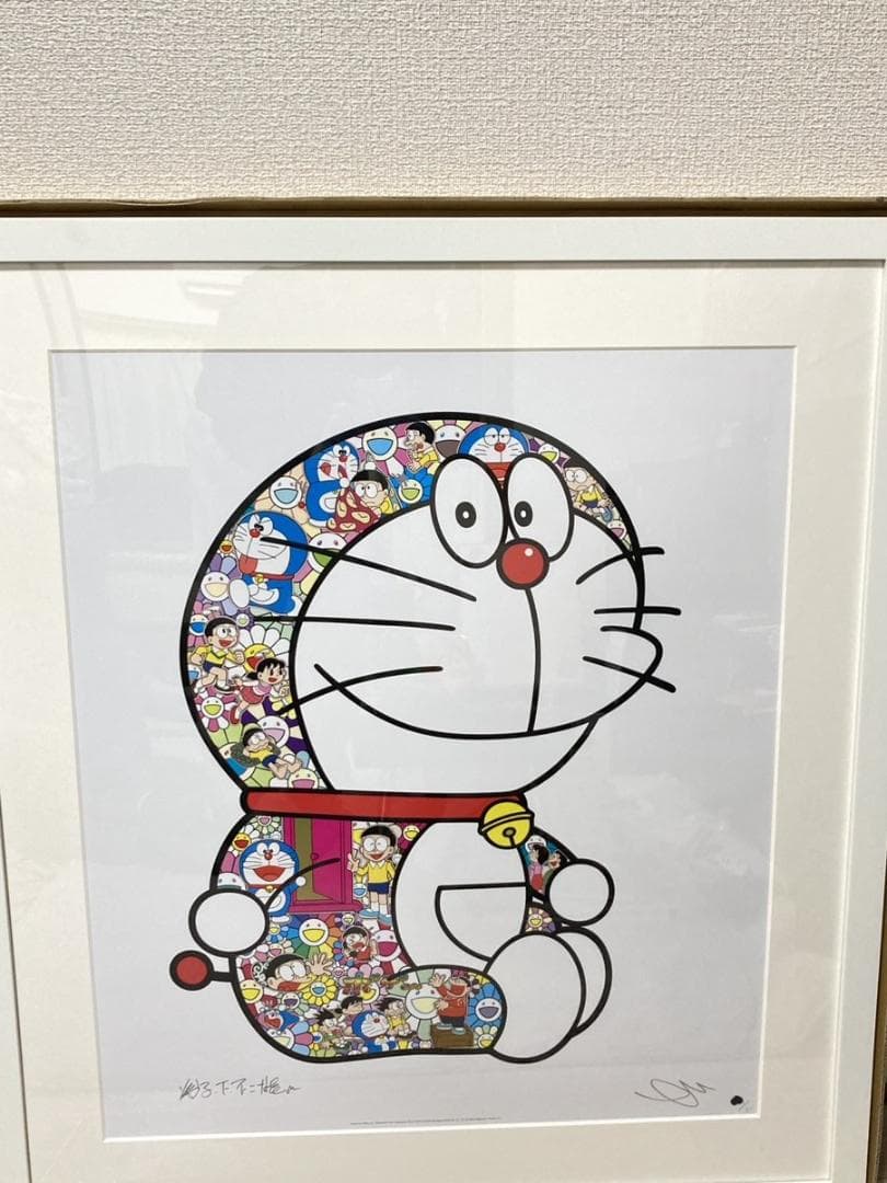 セール 版画 サイン付 フレーム付 村上隆　おすわりドラえもん「どこでもドア」