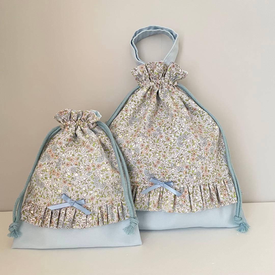 入園・入学　ブルーグレー花柄　レッスンバッグ、上履き入れ、着替え袋、給食袋