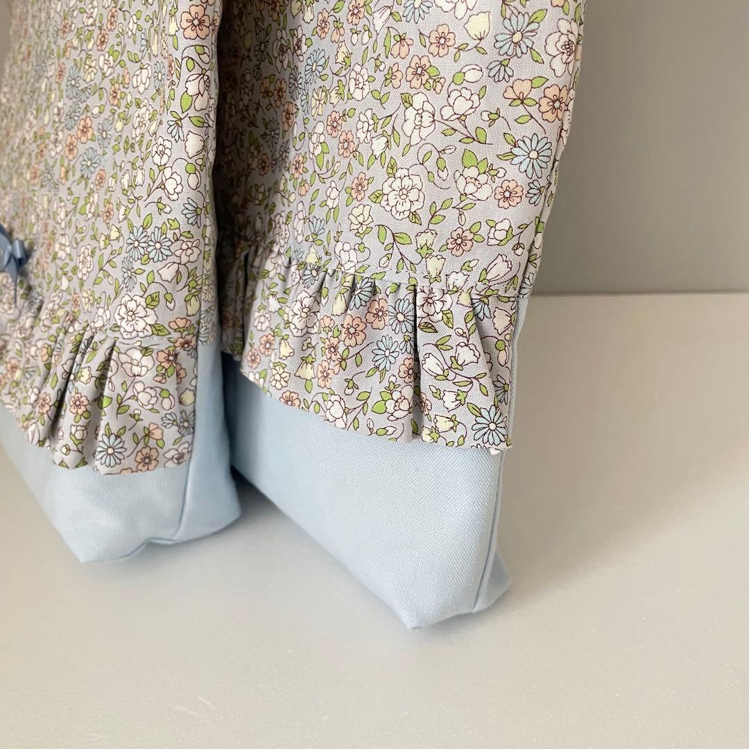 入園・入学　ブルーグレー花柄　レッスンバッグ、上履き入れ、着替え袋、給食袋