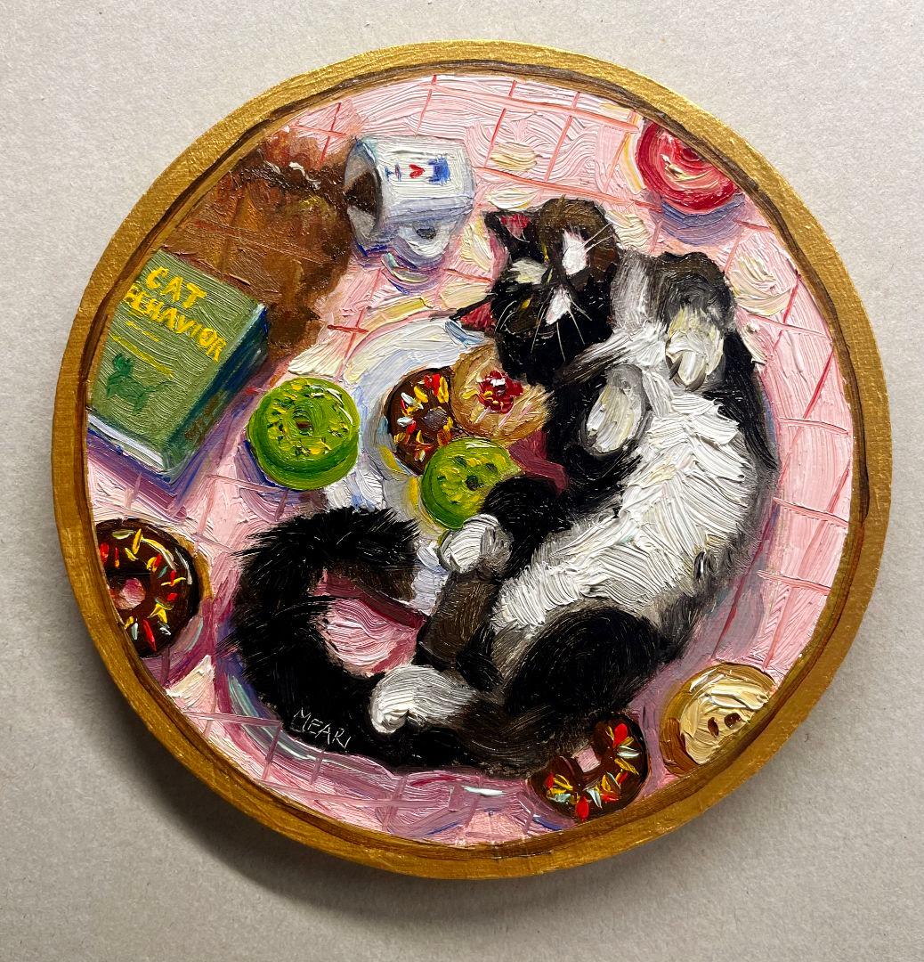 『CAT BEHAVIOR』 猫とドーナツ　油絵　ミニ絵画　原画　油彩画　真作