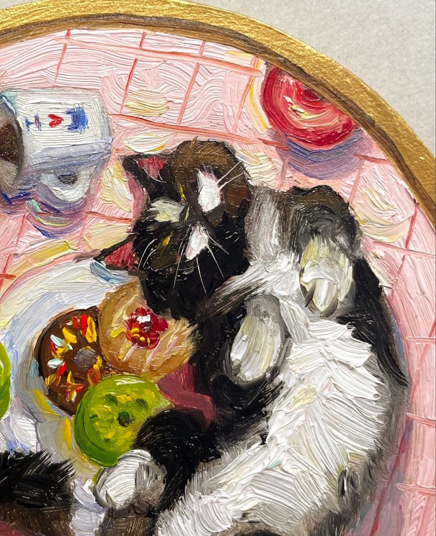 『CAT BEHAVIOR』 猫とドーナツ　油絵　ミニ絵画　原画　油彩画　真作
