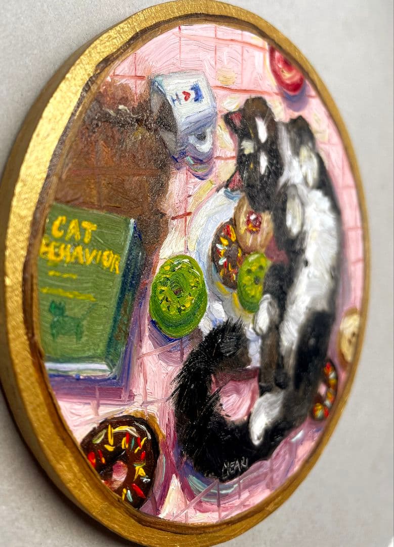 『CAT BEHAVIOR』 猫とドーナツ　油絵　ミニ絵画　原画　油彩画　真作