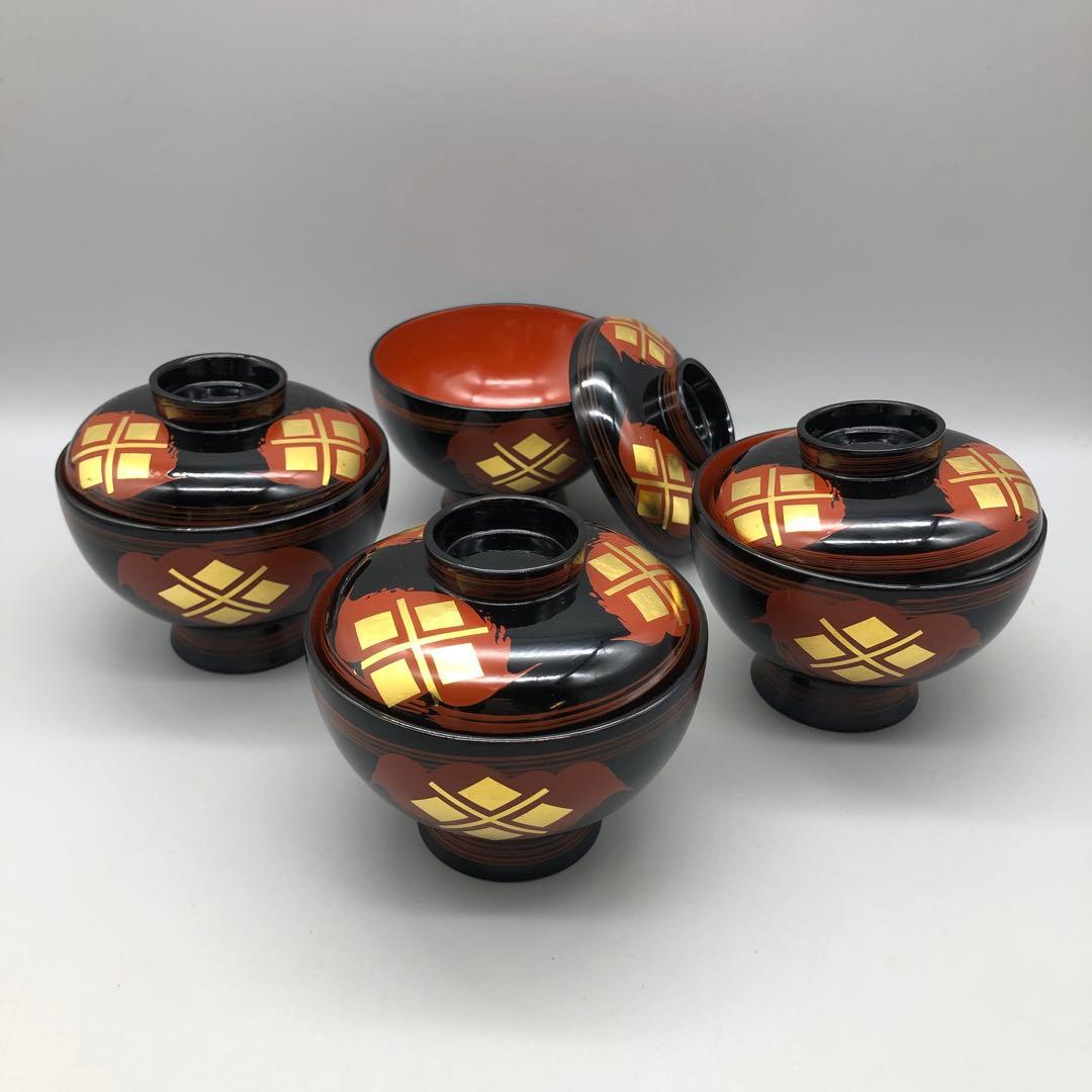 新品未使用秀衡塗菱形金箔漆雲文様蓋付き椀4客セット伝統工芸高級品ビンテージ食器
