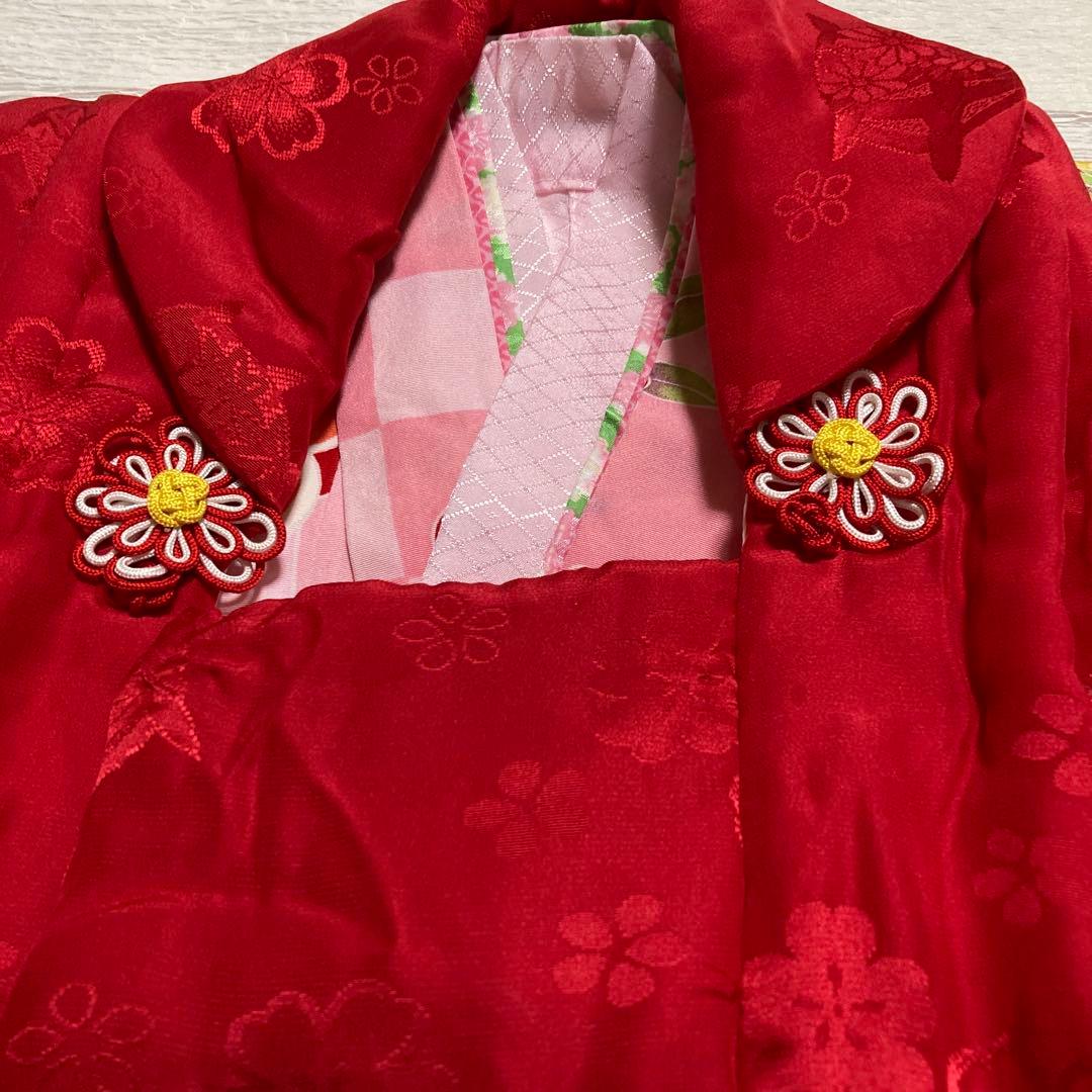 七五三　正絹　3歳用着物長襦袢被布草履バッグセット　梅桜花　赤　ピンク　金　女