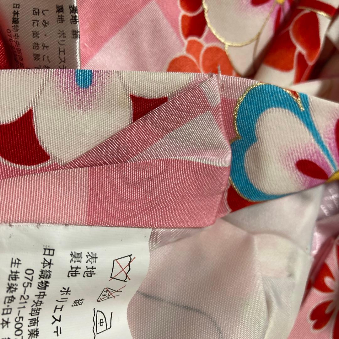七五三　正絹　3歳用着物長襦袢被布草履バッグセット　梅桜花　赤　ピンク　金　女