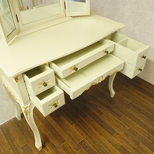 底値！ クラシック三面鏡 鏡台　アイボリーゴールド　長い瓶も収納可　ロココ調