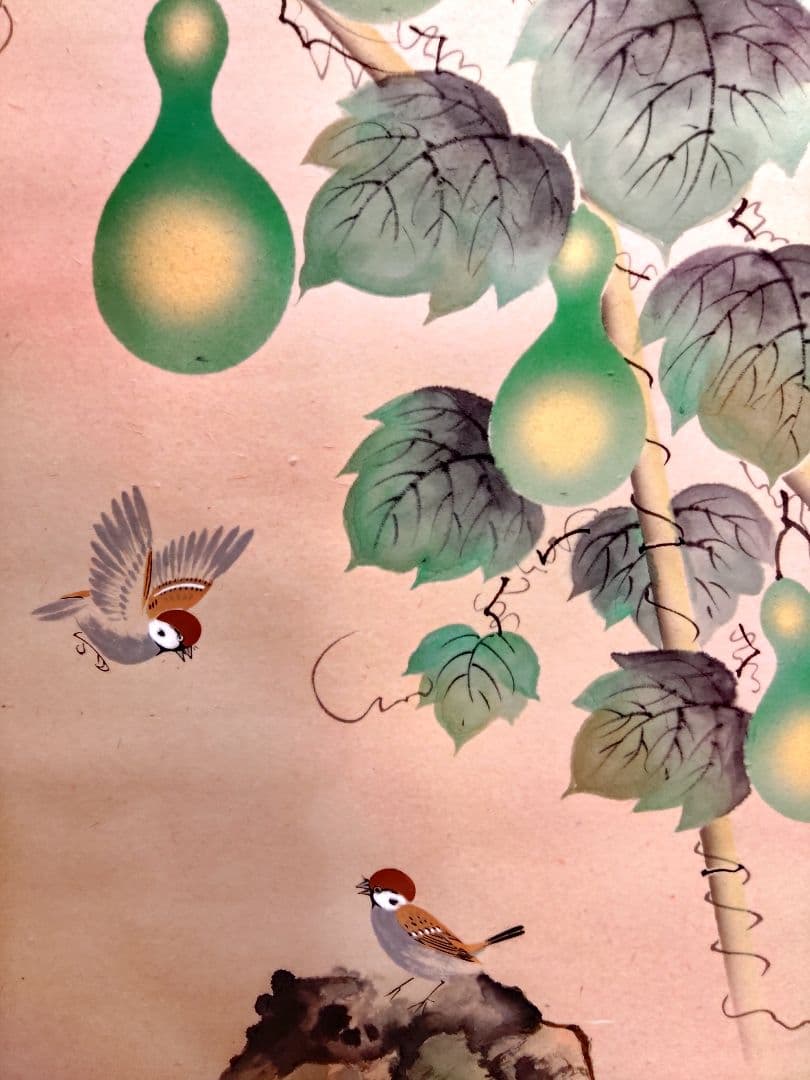 渡辺白鳳　六瓢に雀　真筆証明書付　桐箱付　かわいいスズメと瓢箪　掛け軸　美術品