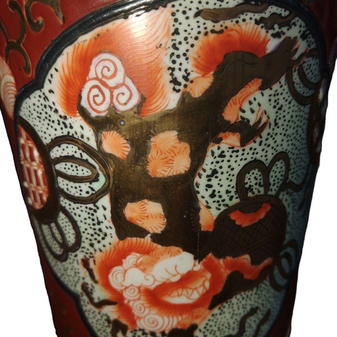 薩摩 九谷 有田金彩草花文双耳花瓶　高さ36.5cm