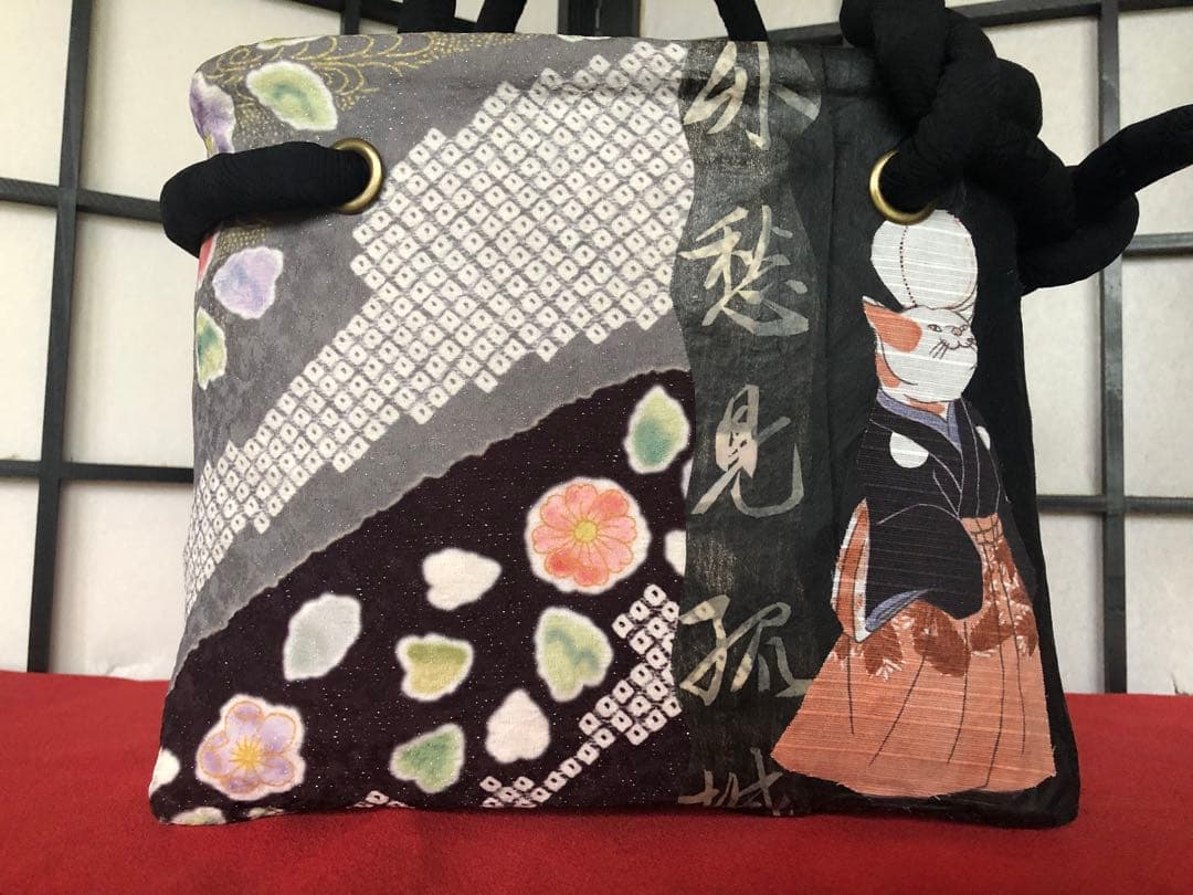 一閑張り　一閑張りバック　蹴鞠猫 歌川国芳　正絹　猫