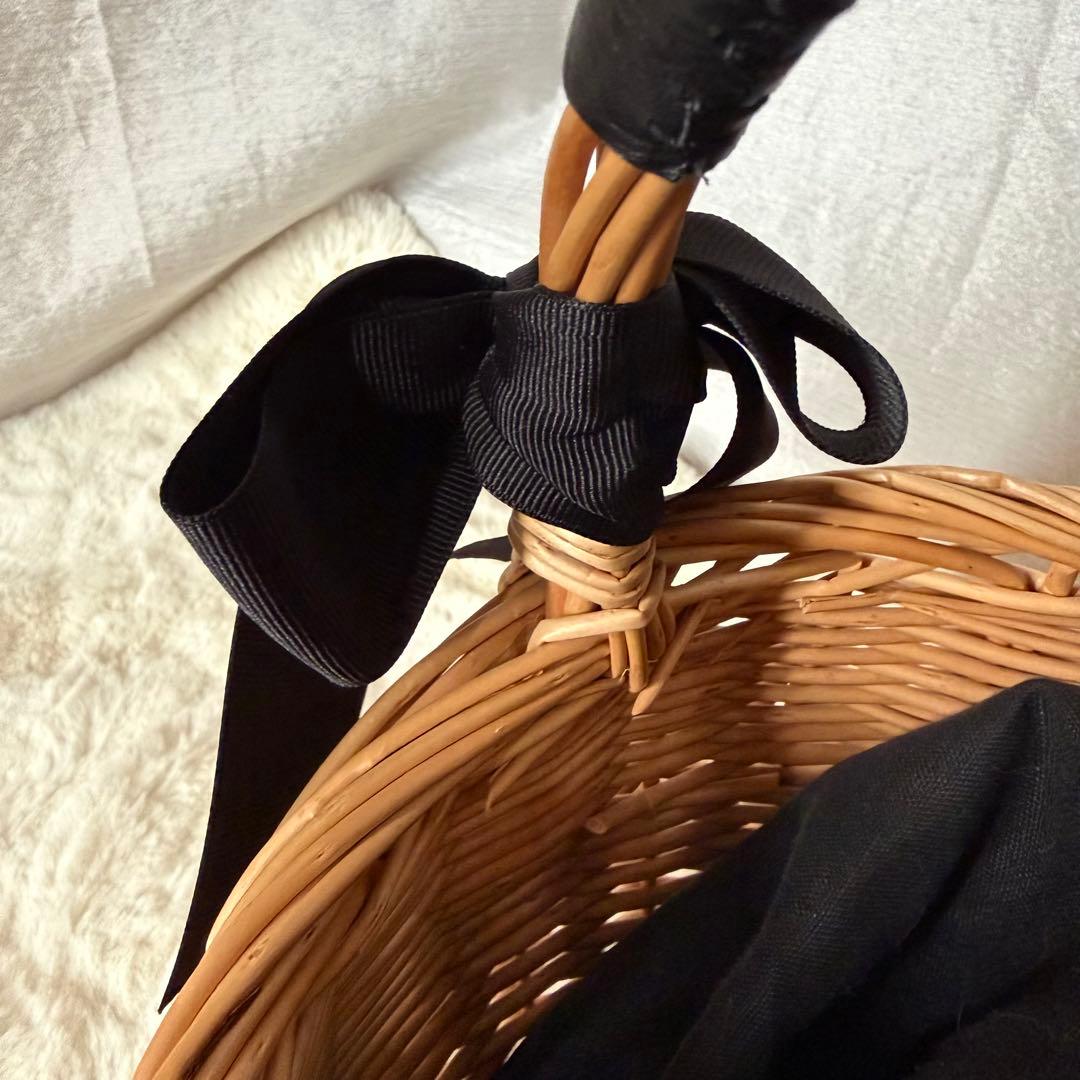 【美品⭐︎未使用】リボン 丸かごバッグ 巾着ブラック 取り外しファー付き