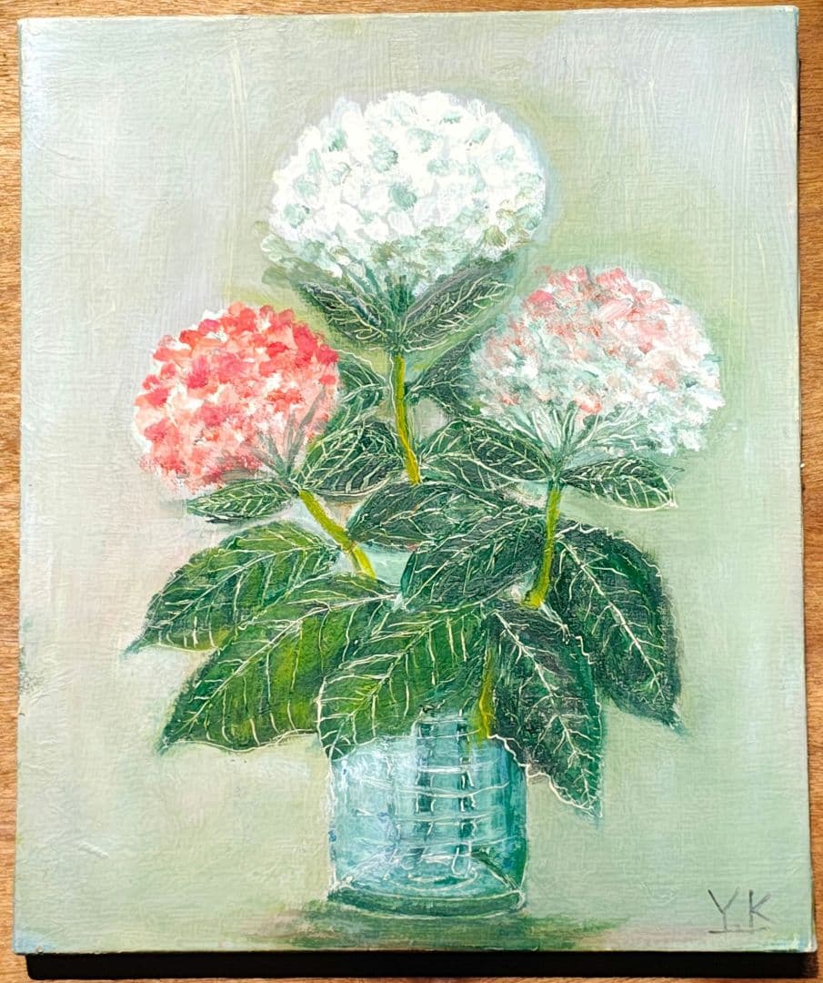 【希少】油絵 F8号 紫陽花 肉筆画 アンティーク調 ネイビー/紺色 麻100%