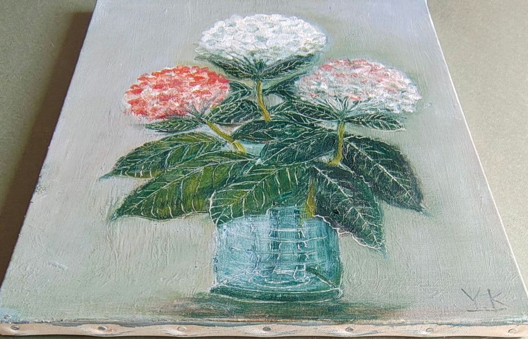 【希少】油絵 F8号 紫陽花 肉筆画 アンティーク調 ネイビー/紺色 麻100%