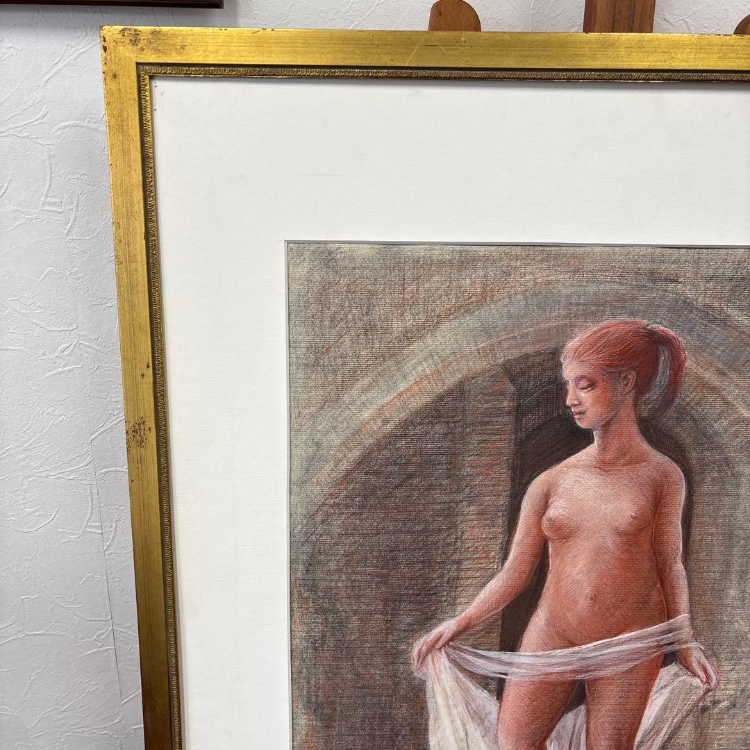 画家　串田都美雄 ヌードの鉛筆画 A3サイズ 金色フレーム