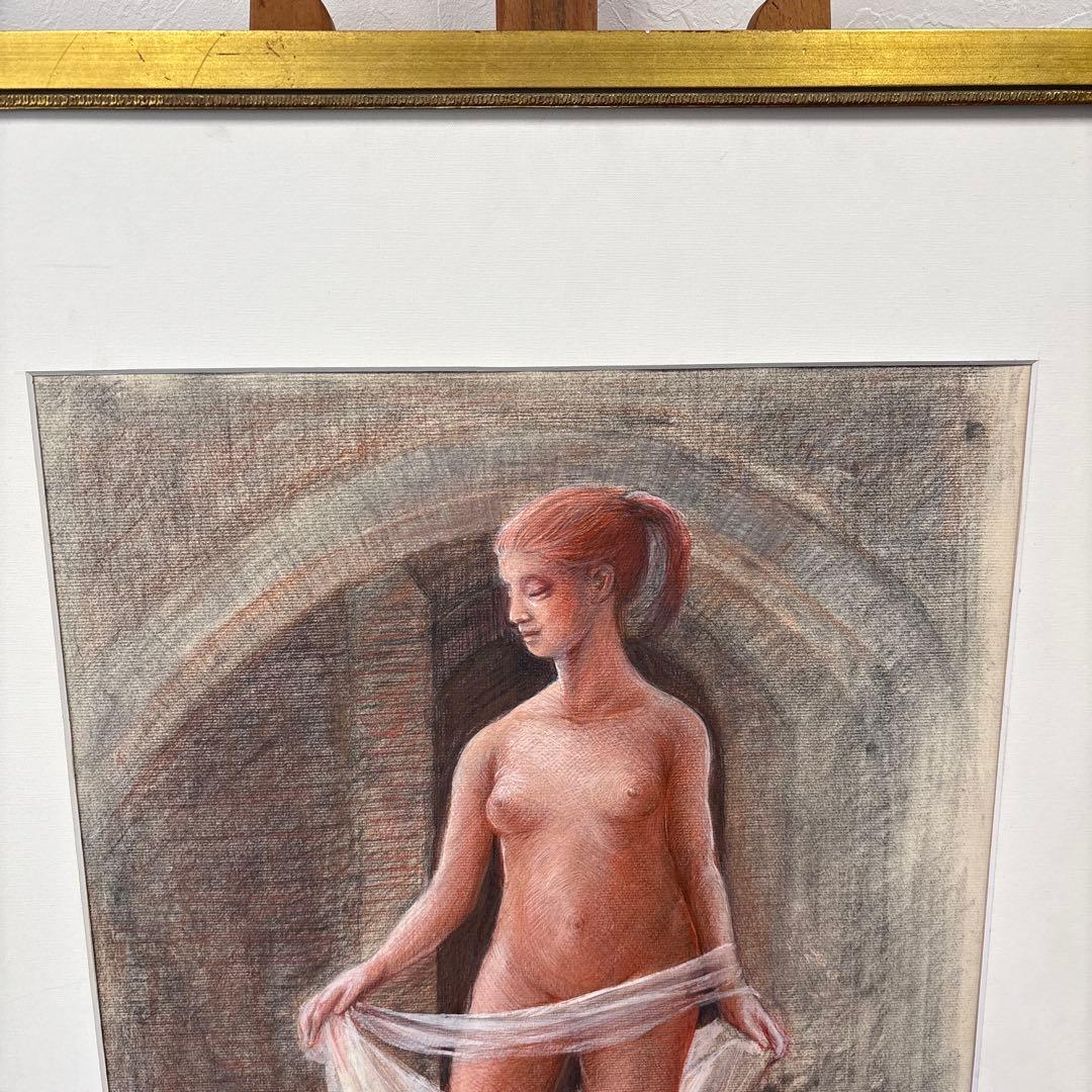 画家　串田都美雄 ヌードの鉛筆画 A3サイズ 金色フレーム