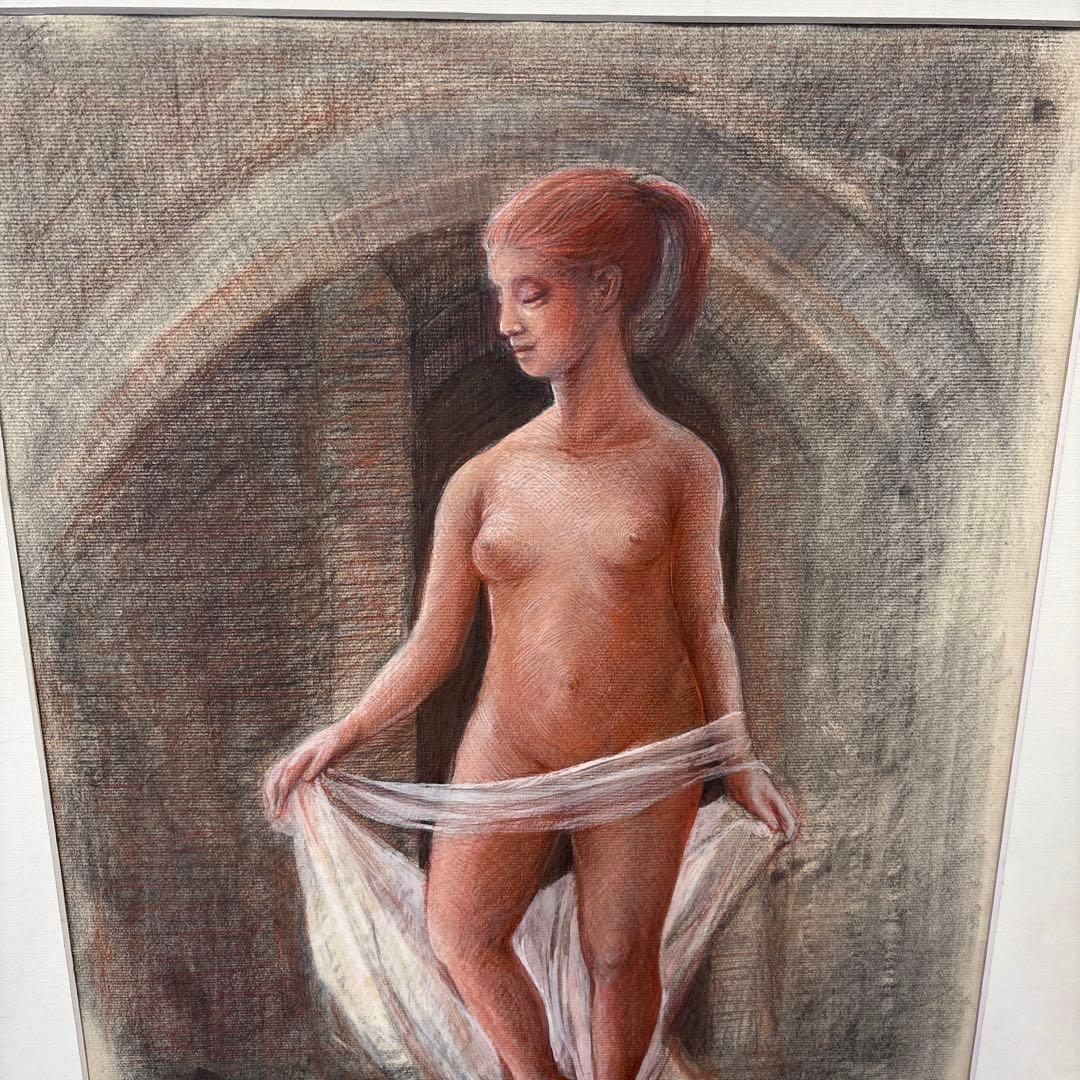 画家　串田都美雄 ヌードの鉛筆画 A3サイズ 金色フレーム