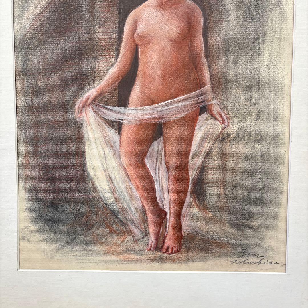 画家　串田都美雄 ヌードの鉛筆画 A3サイズ 金色フレーム