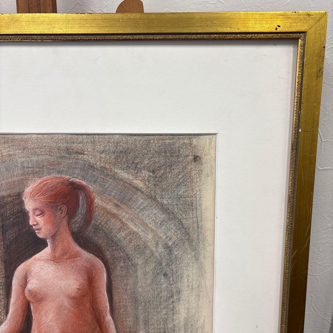 画家　串田都美雄 ヌードの鉛筆画 A3サイズ 金色フレーム