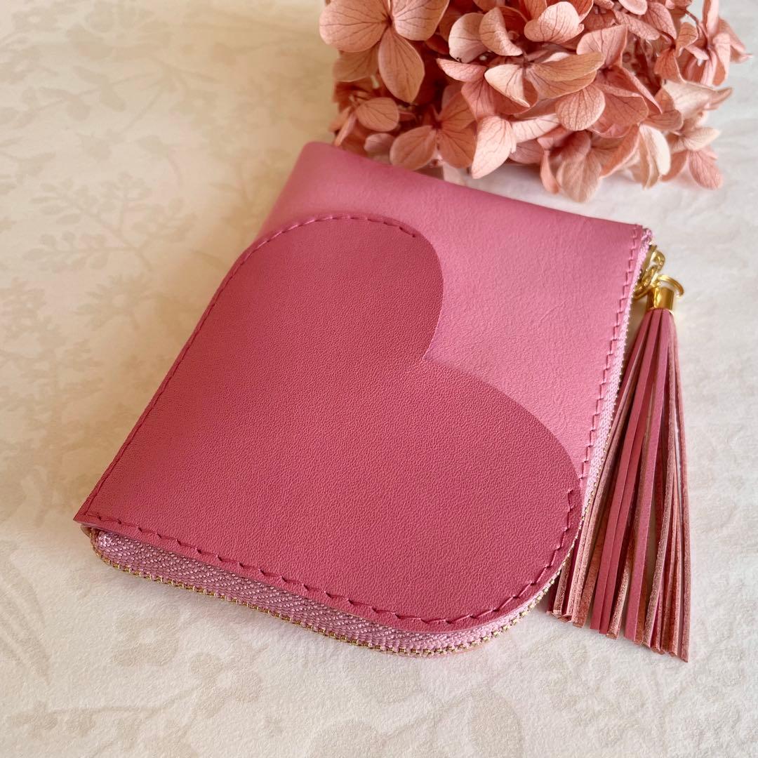 ミニ財布 　コンパクト　 L字ファスナー　ハートポケット　春財布 ♡桜ピンクⅠ♡