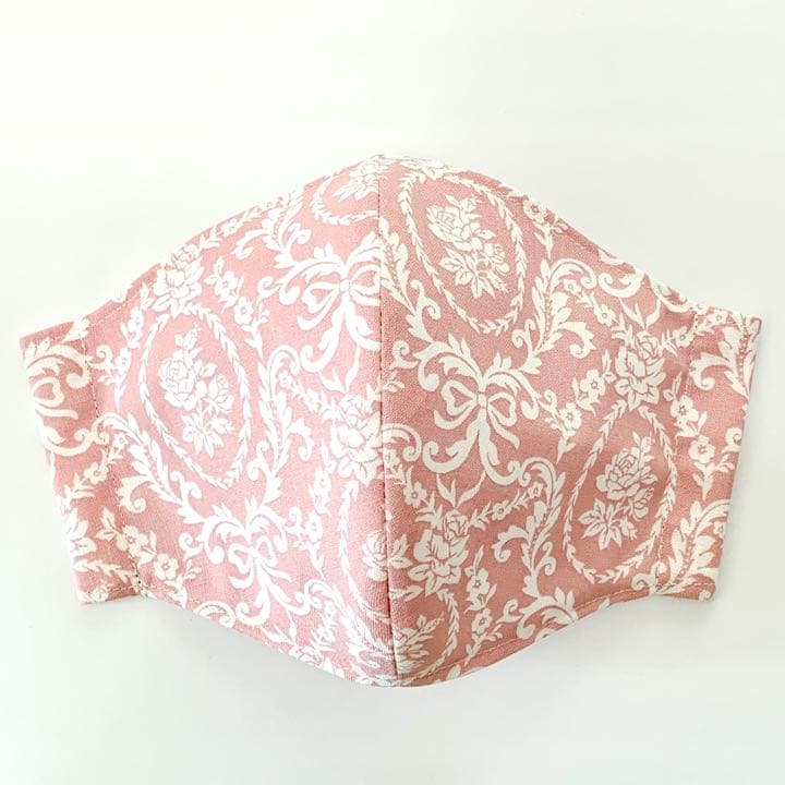 No.183 再出品　オーダーマスク　ハンドメイド　ダマスク　白地　桃色