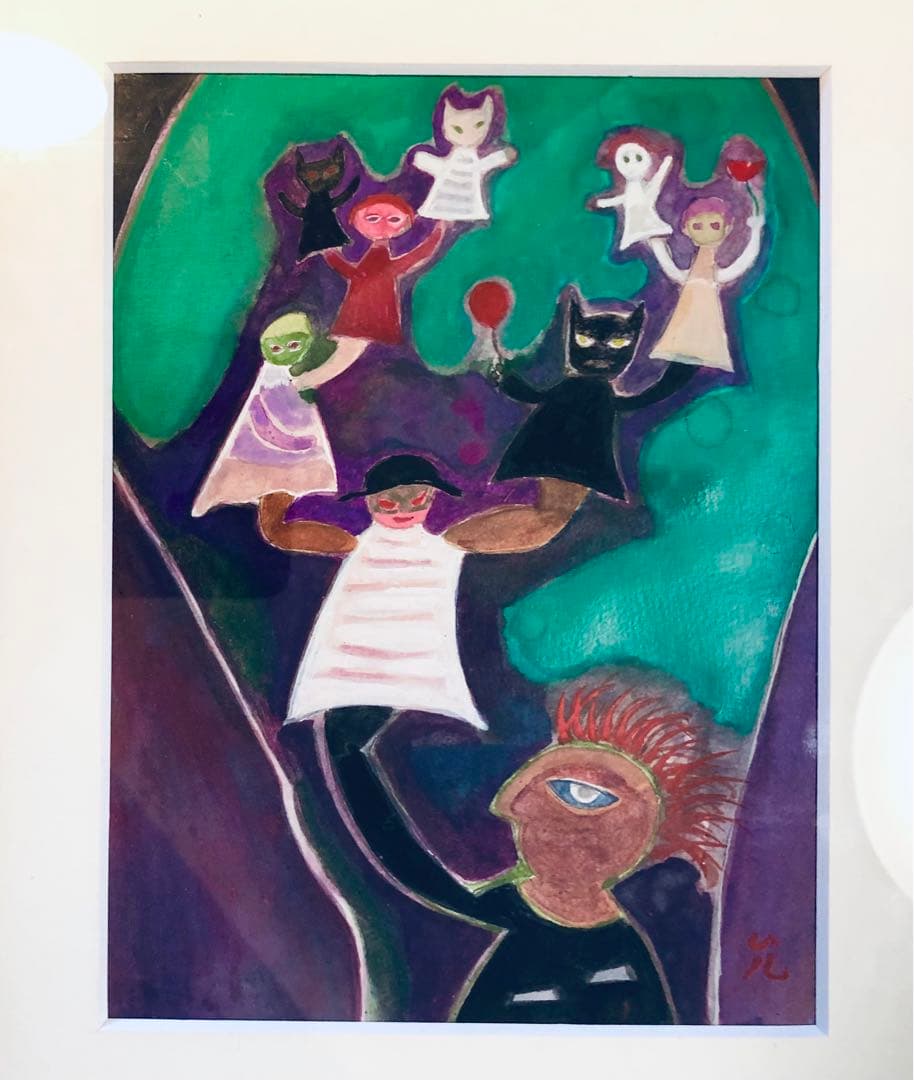 田中允　油彩画　人形芝居　額装