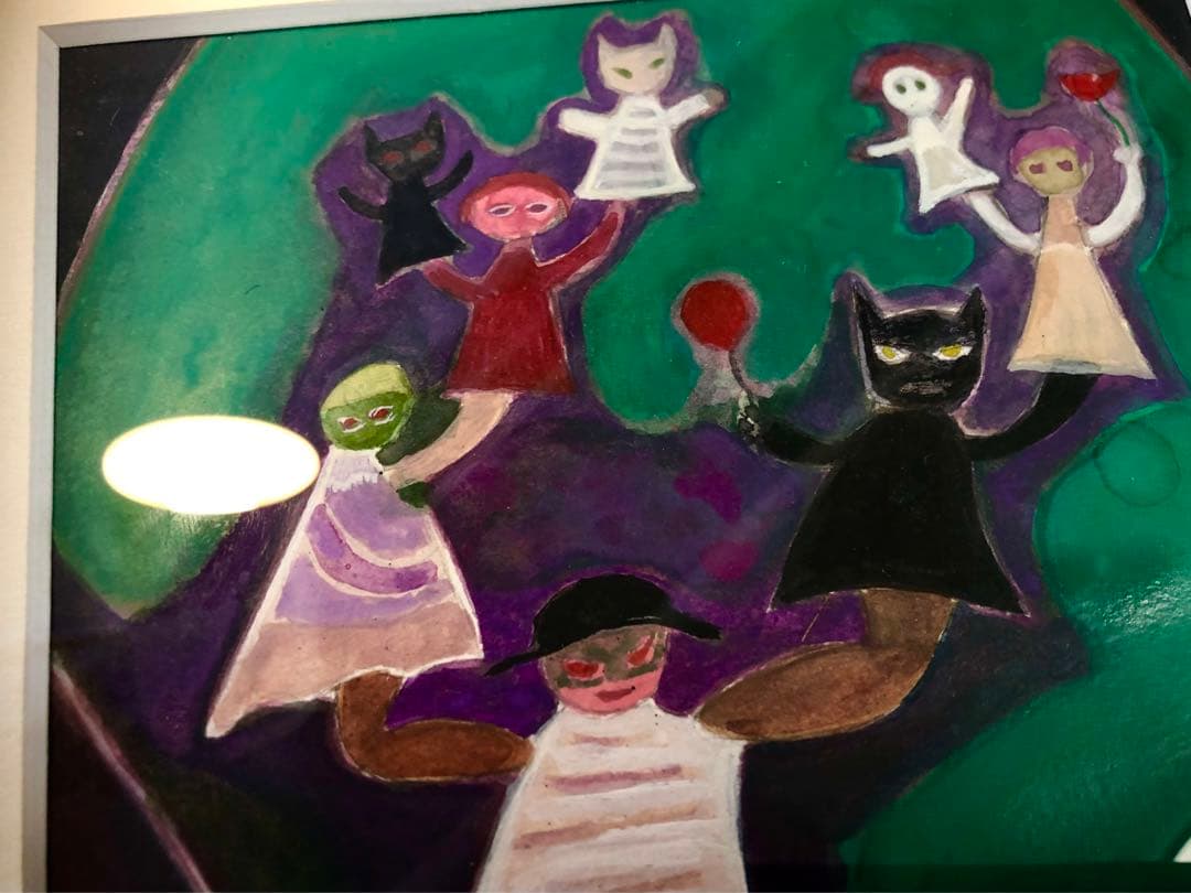 田中允　油彩画　人形芝居　額装