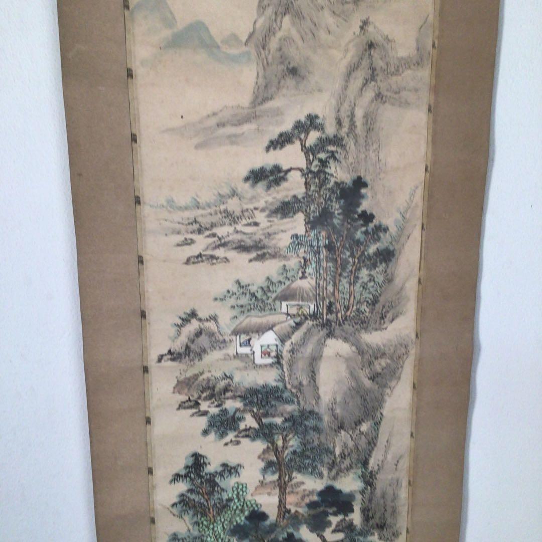 No4421 掛軸　水墨山水画　松渓　肉筆紙本　茶道具　古画　古美術　送料無料