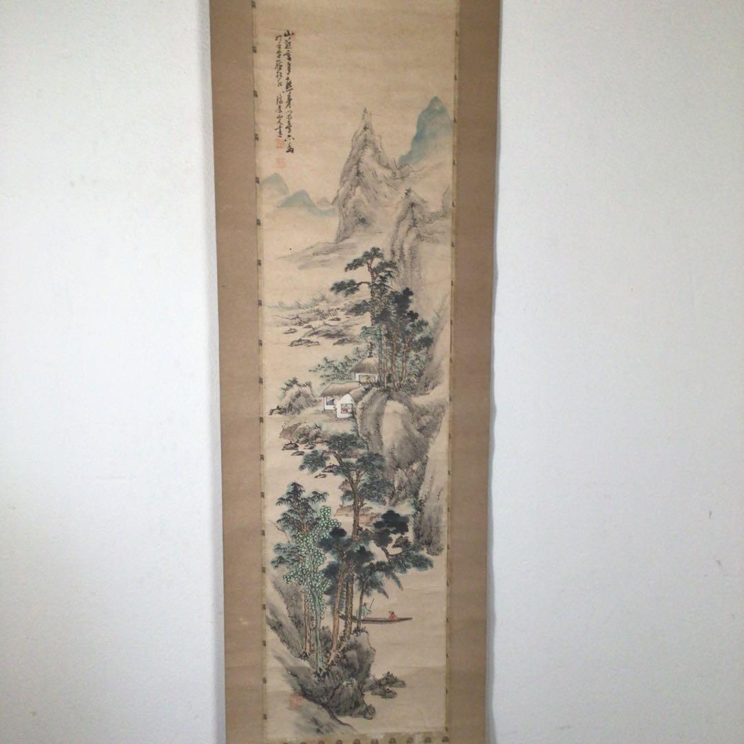No4421 掛軸　水墨山水画　松渓　肉筆紙本　茶道具　古画　古美術　送料無料