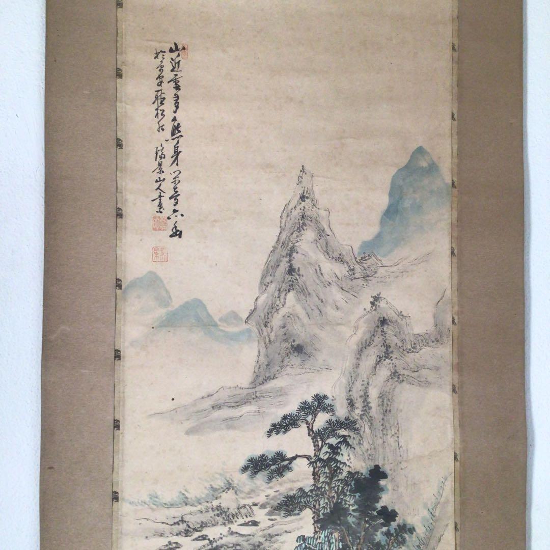 No4421 掛軸　水墨山水画　松渓　肉筆紙本　茶道具　古画　古美術　送料無料