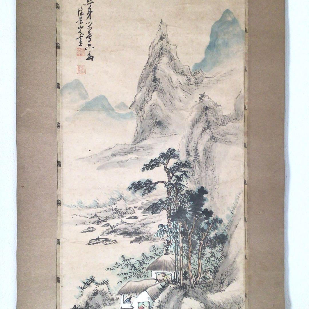 No4421 掛軸　水墨山水画　松渓　肉筆紙本　茶道具　古画　古美術　送料無料